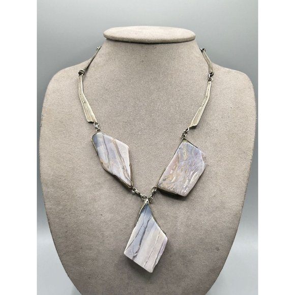 Handcrafted Brutalist Necklace Purple Striped Agate Stone Unusual Chunky Stones - Picture 2 of 9